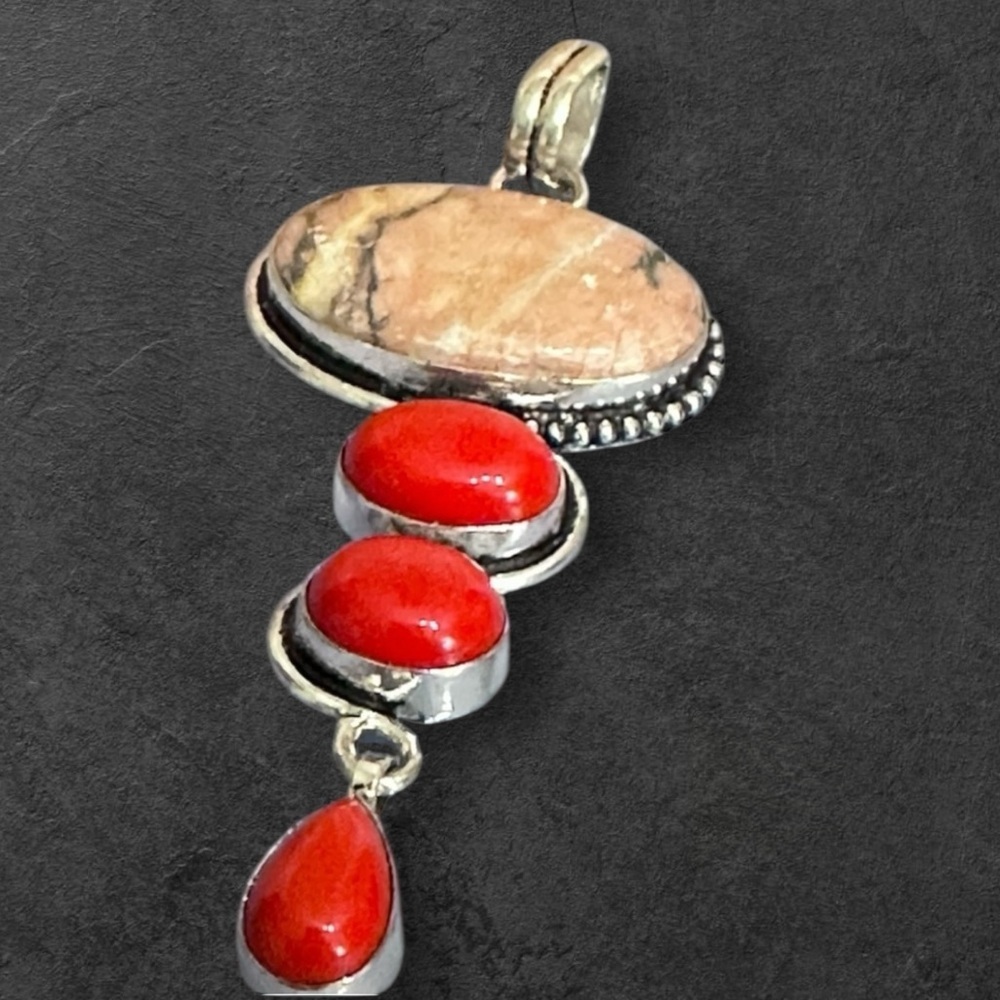 Hand Crafted RHODONITE And Red Coral Silver Drop Pendant Artisan Multi stone